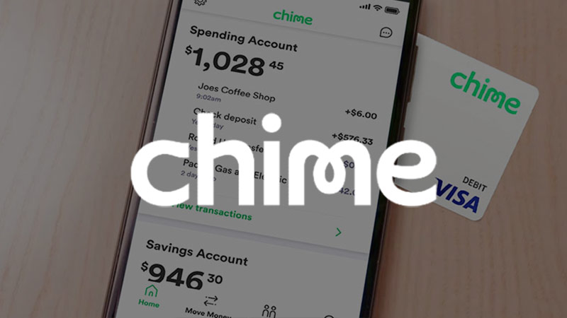 Chime app on smartphone, next to Chime card.